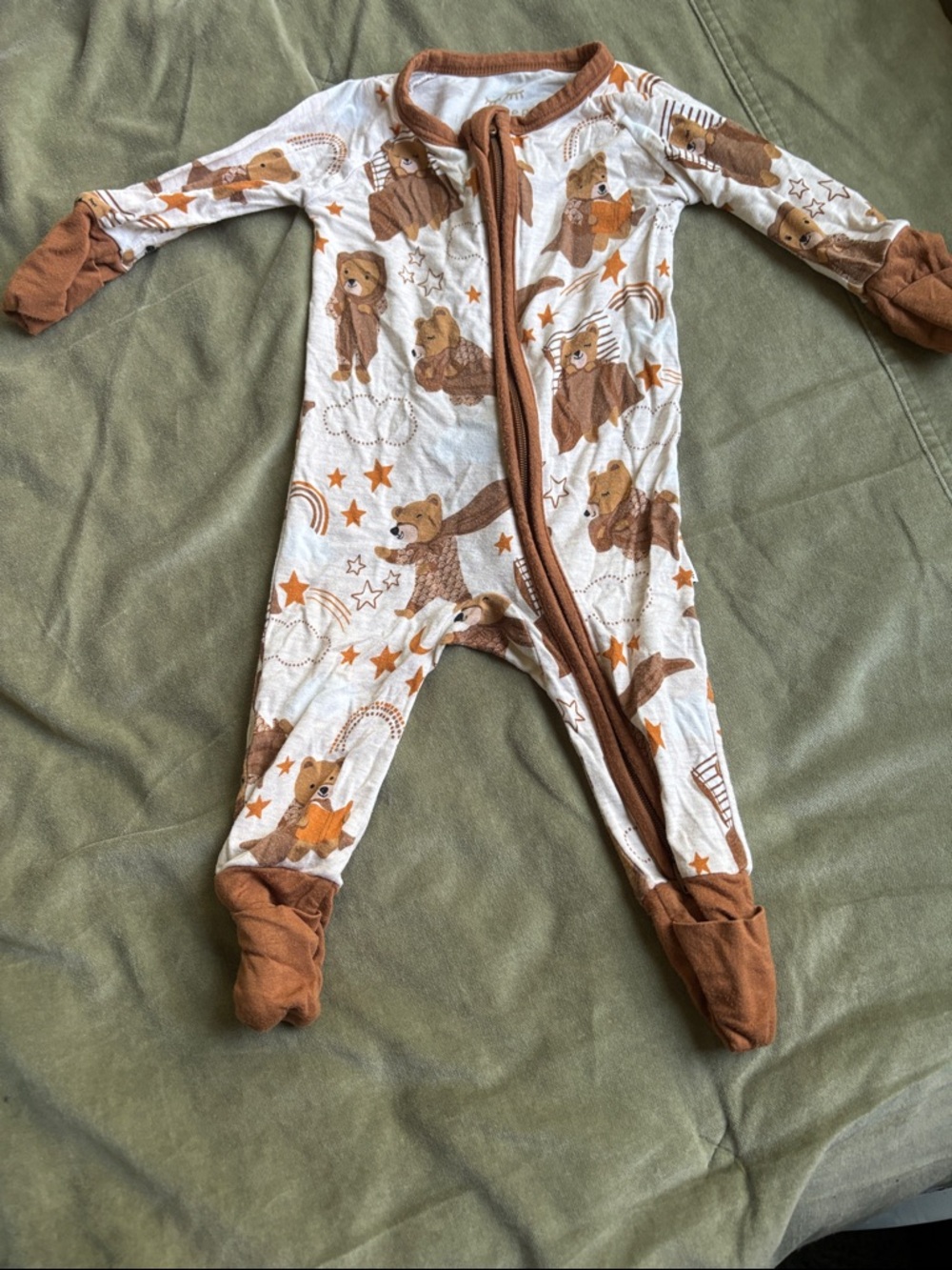 Little Sleepies Cream and Brown Bear Print Footed One-Piece